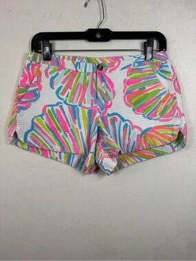 Lilly Pulitzer White High-Waist Shell-Print Shorts with Pink, Green & Blue